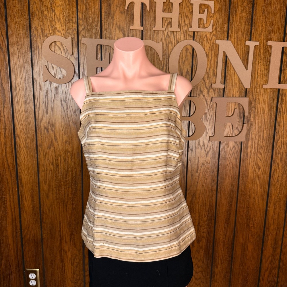 Casual Corner Silk Tank Top Women 8 Brown Striped Square Neck Cottagecore Boho